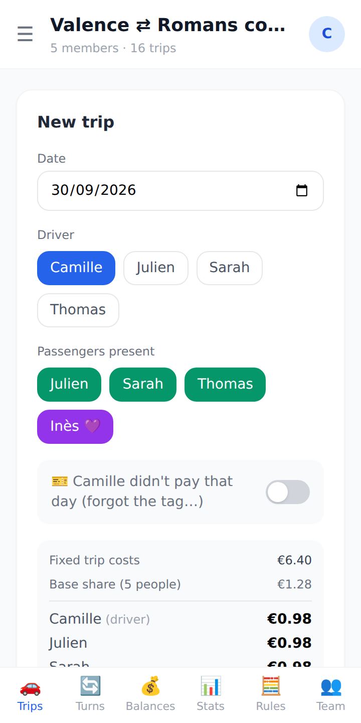 “New trip” screen: driver, passengers present and each person's share.