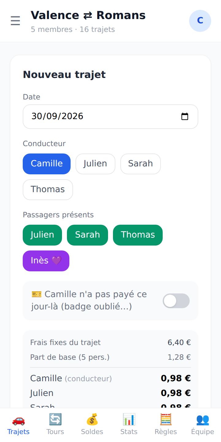 Écran « Nouveau trajet » : conducteur, passagers présents et part de chacun.